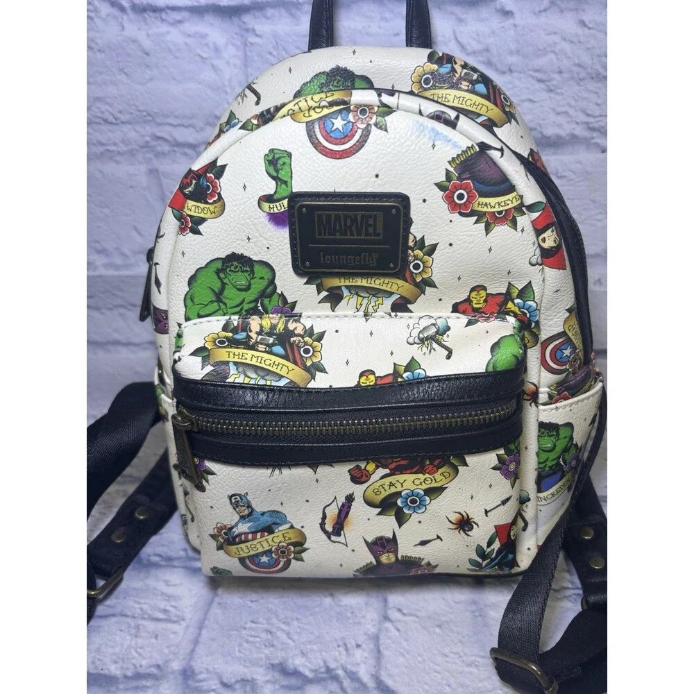 LOUNGEFLY Marvel Avengers Flash Tattoo Comic Mini Backpack Capt America Iron Man